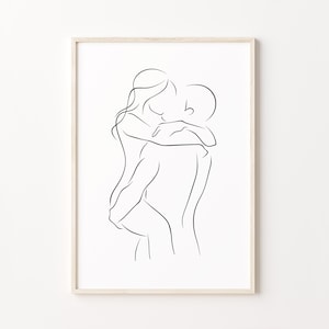 Arte de pared de pareja, arte lineal de besos, póster de amantes abrazándose, impresión de hombre y mujer enamorados, arte de pared romántico para dormitorio