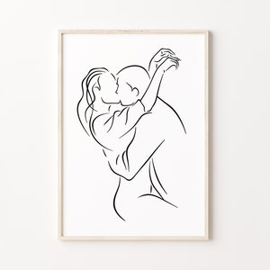 Paar Kuss Linie Kunstdruck, umarmt Mann und Frau Wandkunst, minimales romantisches Poster, abstrakte Liebe Zeichnung