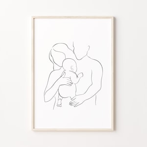 Lámina de arte lineal familiar, arte mural de mamá y papá, dibujo lineal de bebé, póster abstracto para guardería, obra minimalista para recién nacidos, impresión de madre e hijo