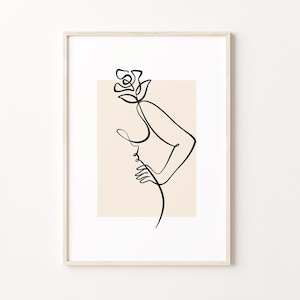 Arte de uma linha de mulher curvilínea, impressão positiva do corpo, desenho de linha de uma mulher com flores, arte de parede minimalista, pôster de figura abstrata, download de arte digital