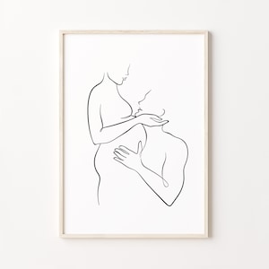 Arte lineal de mujer embarazada, dibujo lineal familiar, arte mural para futura mamá, póster minimalista para bebé, arte abstracto imprimible para guardería, arte de embarazo