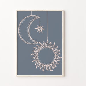 Sun And Moon Line Art, Bohemian Nursery Art, Celestial Print, Minimalist Boho Poster, Minimal Line Drawing, Abstract Space Wall Art