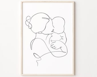 Mom And Baby Line Art Print, Mother And Child Wall Art, Newborn Line Drawing, Motherhood Poster, Minimalist Nursery Artwork Baby Boy Girl