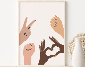 Feminist Art, Minimalist Hands Print, Unity Art, Diversity Wall Art, Hand Gesture Art, Feminism Illustration, Strong Female Support Poster