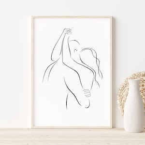 Impresión de pareja abrazándose, arte de pareja enamorada, dibujo lineal de beso, arte mural romántico abstracto, póster minimalista de amor
