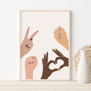 Feminist Art, Minimalist Hands Print, Unity Art, Diversity Wall Art, Hand Gesture Art, Feminism Illustration, Strong Female Support Poster