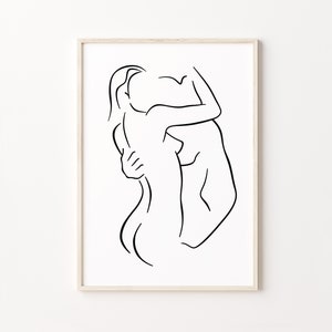 Abstraktes Paar Druck, Mann und Frau Wandkunst, Umarmung Linie Kunst, minimalistische romantische Linie Zeichnung