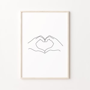 Hands Art Print, Heart Hands Print, Lovers Hands Drawing, Line Art Printable, Hand Poster, Romantic Art For Bedroom, Minimalist Couple Art