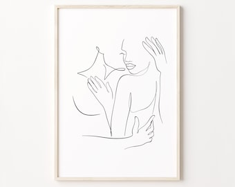 Black Couple Line Art Print, African Couple Poster, Hug Wall Art, Hugging Line Drawing, African American Man And Woman Print, Abstract Love