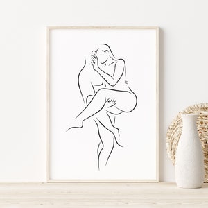 Küssende Paare Line Art 2er-Set, umarmender Mann und Frau-Wandkunst-Set, romantisches Poster für Schlafzimmer, abstrakter Liebesdruck