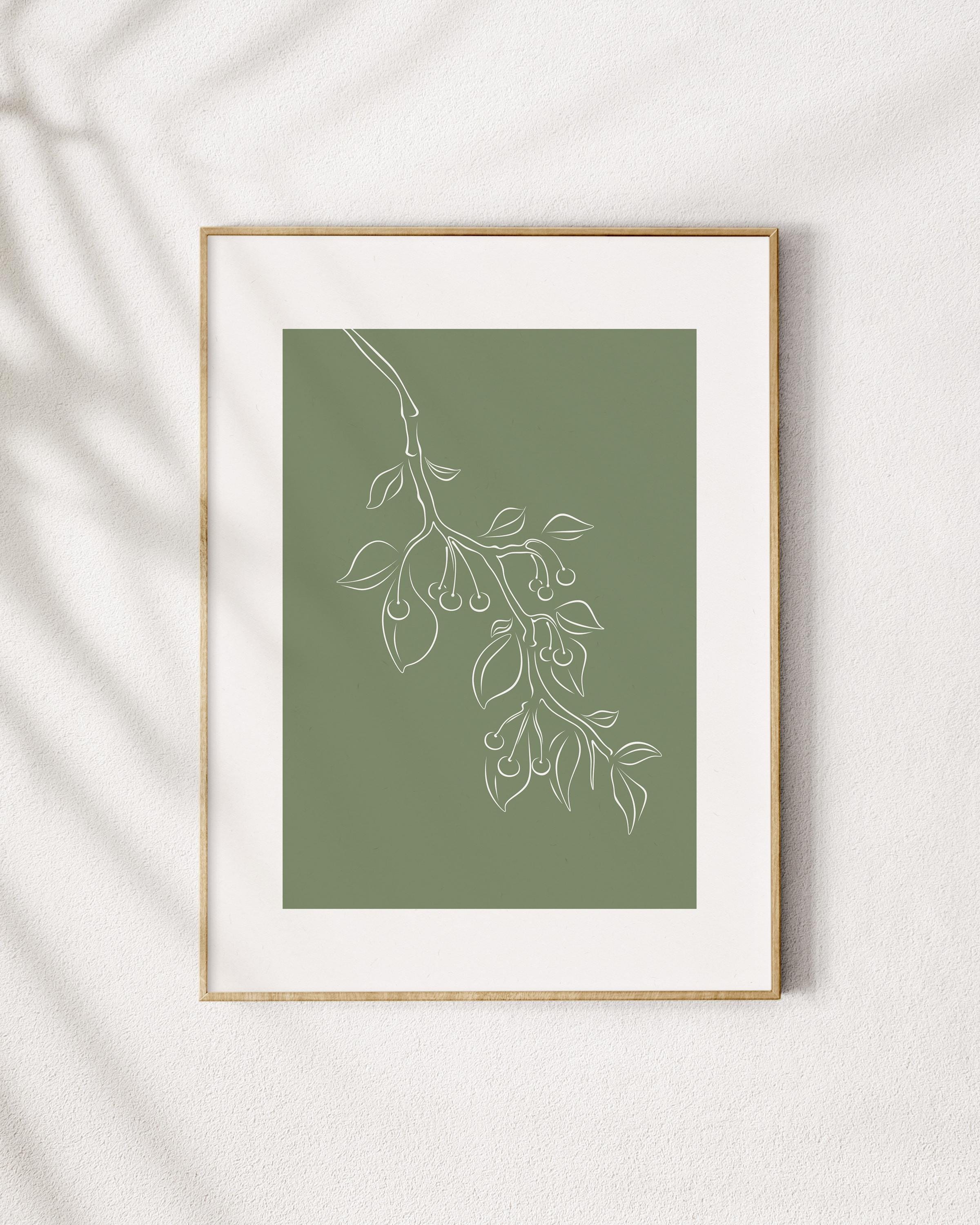 Sage Green Botanical Wall Art, Minimalist Floral Art, Abstract Cherry Poster, Green Aesthetic Printable Wall Art