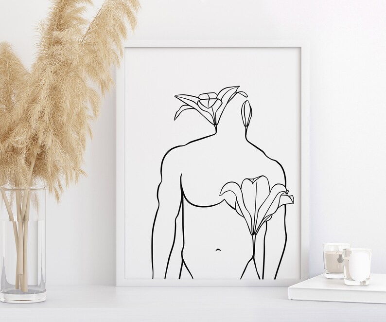Flower Man Line Art Male Body Outline Drawing Minimalist Etsy