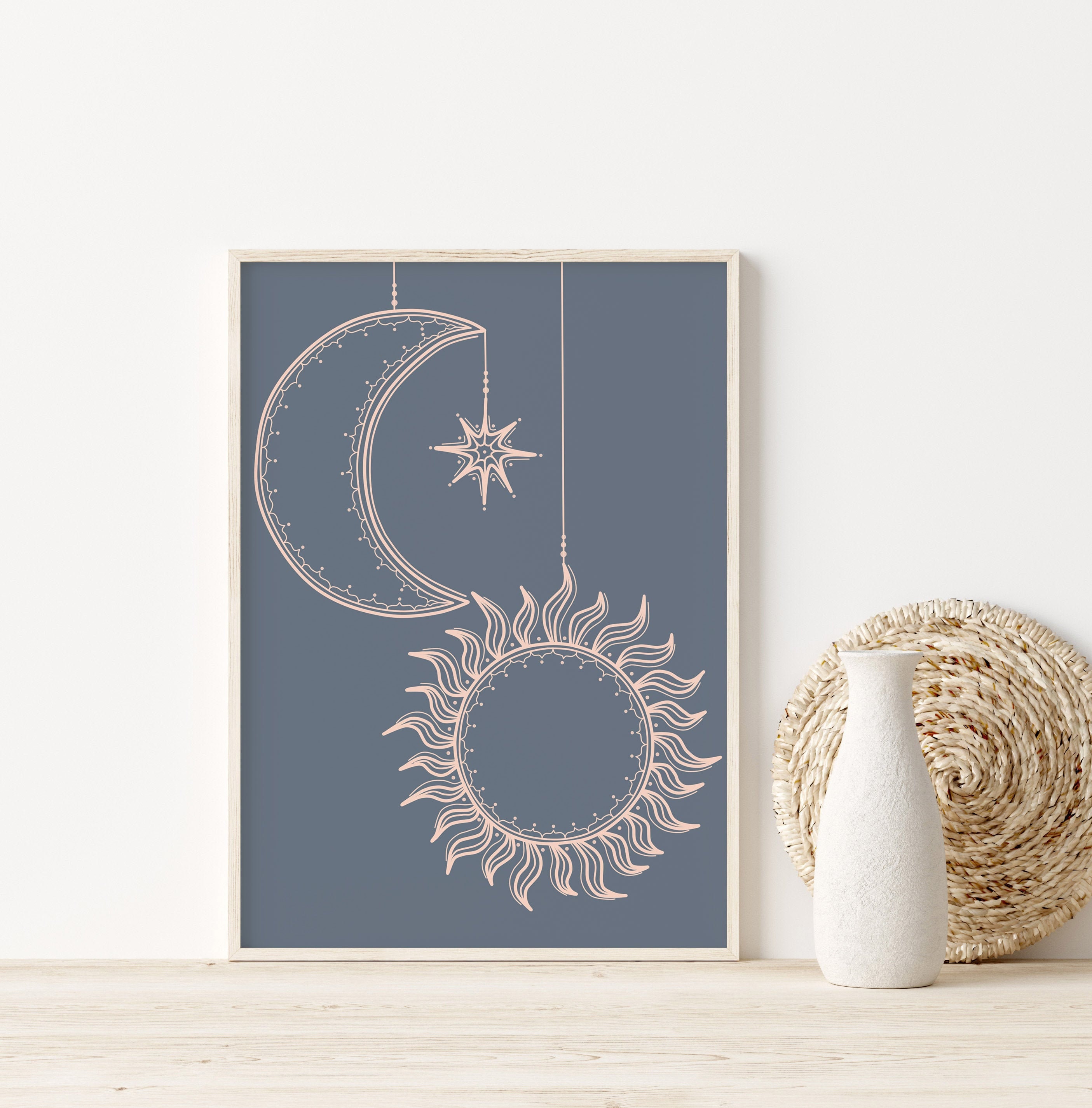 Sun And Moon Line Art Bohemian Nursery Art Celestial Print Etsy
