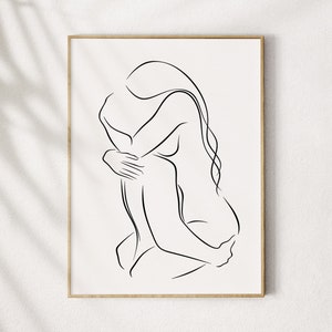 Paar-Line Art, Kuss-Linienzeichnung, umarmende Liebhaber Poster, Mann und Frau im Liebesdruck, Schlafzimmer, romantische Wandkunst
