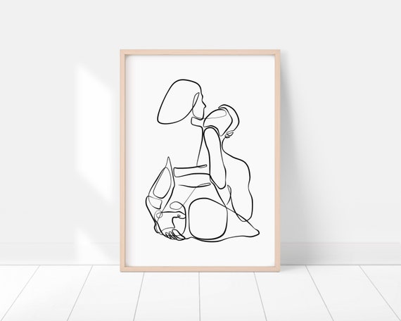 Abstract couple kisses line art, romantic poster, couple one line