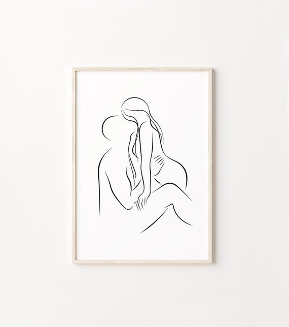 Minimalist Couple Kiss Sketch Abstract Art Print Of A Couple