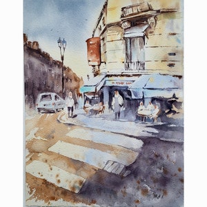 Paris Street Cafe Watercolor Painting: Cityscape Artwork 11x14&quot;