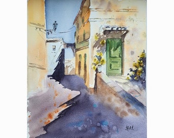 Cityscape Fabriano Street Painting Aquarel Artwork Italië Street Sketch Wall Art 9,5 bij 11 inch Niet afgedrukt