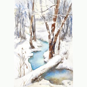Original Snow Winter watercolor art  painting  10X7&quot; on watercolor paper 300 g/m2
