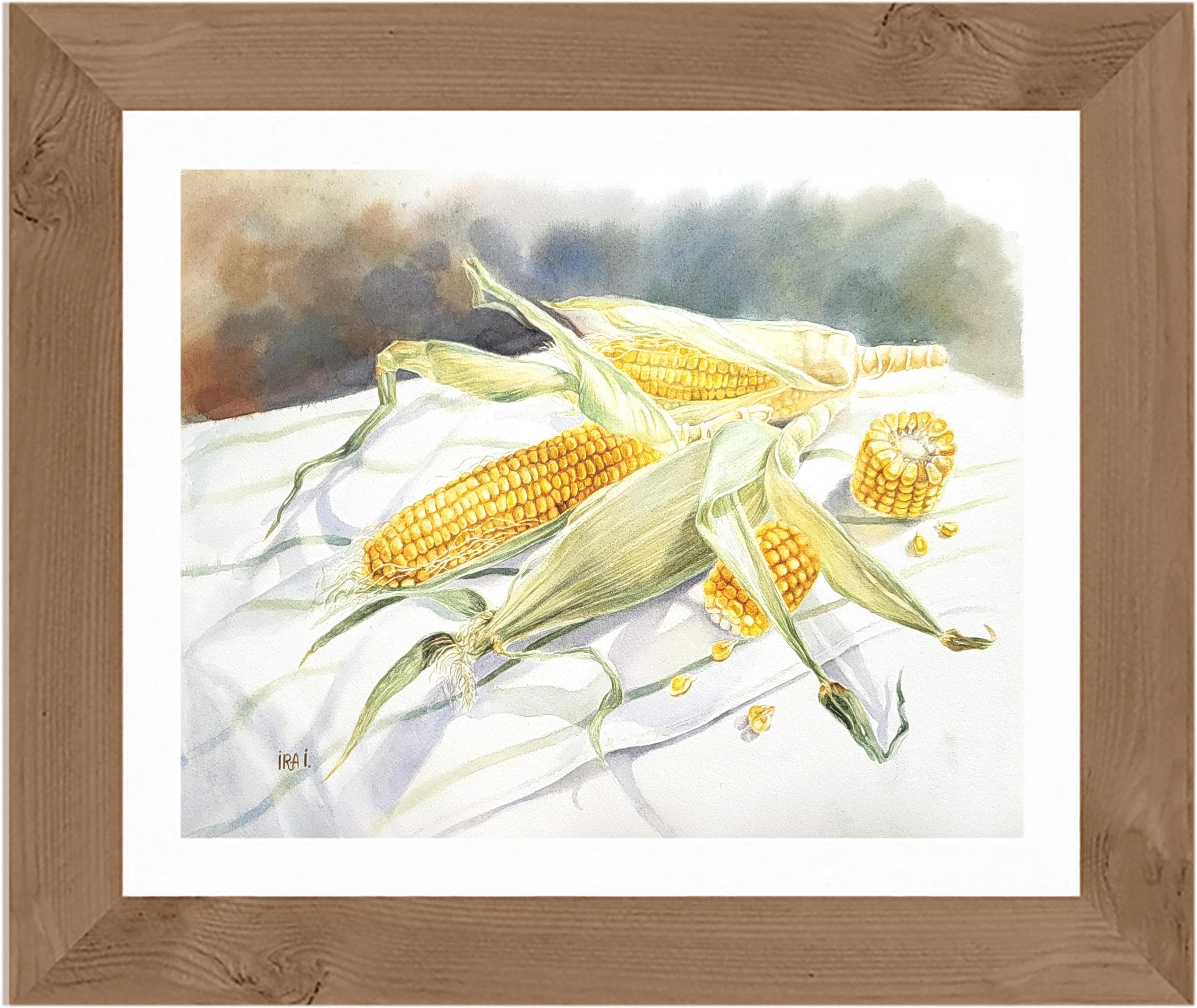 トウモロコシの収穫を描いた水彩画：オリジナルの秋の静物画 - Etsy 日本