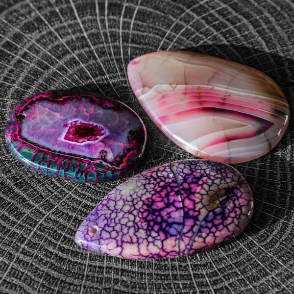 Set of 3 Gemstone Green&Rose Dragon's Vein Agate Oval, Purple Dragon's Vein Agate Drop Shape, Pink Onyx Dragon Agate Rare Pendant Beads