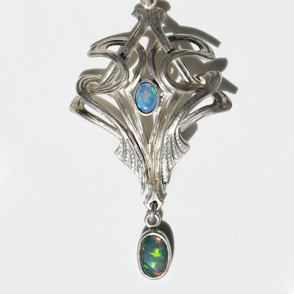 Australian Opal and Black Opal 925 silver Celtic Witchy pendant, Double Crystal Handcraft Artistic Jewellery