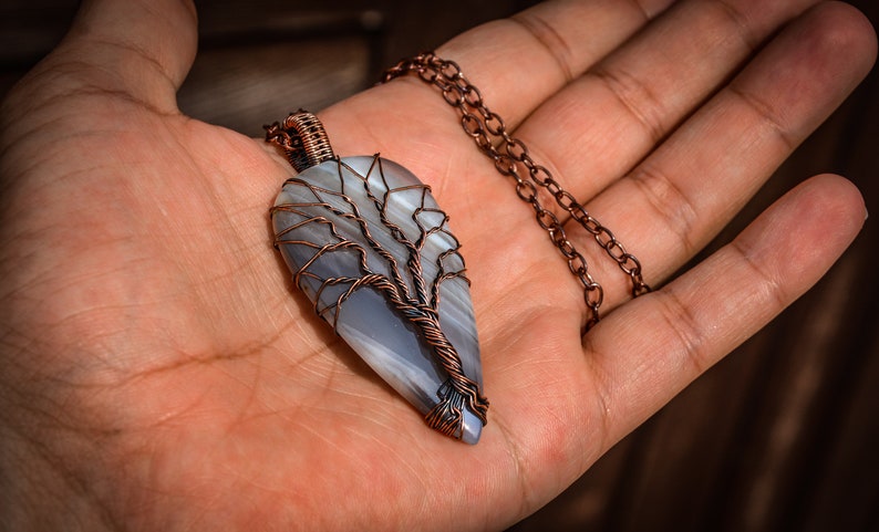 Large Natural Botswana Agate Copper Wire Wrapping Artisan Sacred Geometry Tree of Life Handcraft Twisted Pendant