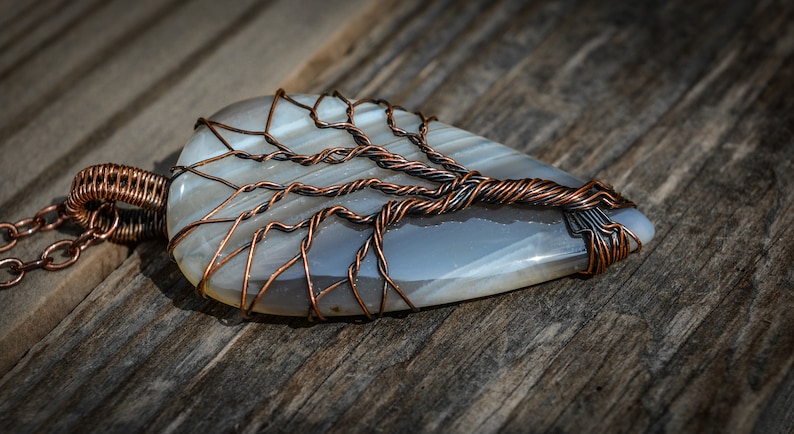 Large Natural Botswana Agate Copper Wire Wrapping Artisan Sacred Geometry Tree of Life Handcraft Twisted Pendant