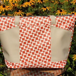 Grand sac cabas femme  en similicuir orange et beige