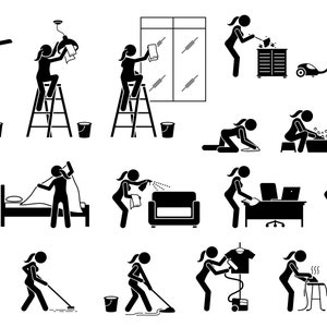 May include: Black and white illustrations of a person cleaning various parts of a house. The illustrations show a person cleaning a ceiling fan, a light fixture, a window, a toilet, a sofa, a bed, a floor, and other household items.