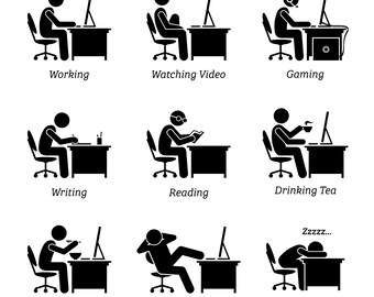 Executive Working Computer Office Workplace Businessman Watch Video Gaming Write Read Sleep Eat Drink Coffee Relax Download PNG SVG Vector