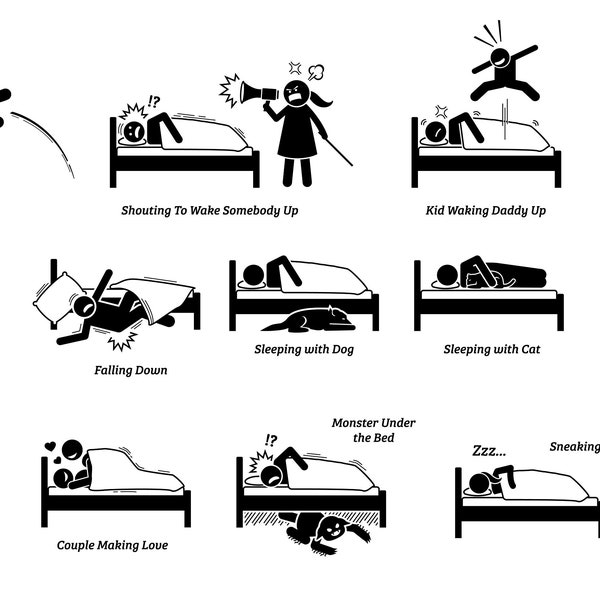 People Person Man Couple Do On Bed Room Bedroom Jumping Sleeping Monster Hiding Under Pet Dog Cat Stick Figure PNG SVG EPS Vector Download