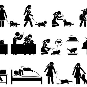 Può includere: Illustrazioni in bianco e nero di persone che interagiscono con i gatti. Le illustrazioni mostrano persone che si prendono cura dei gatti, li nutrono, giocano con loro e li accudiscono. Le illustrazioni sono semplici e stilizzate.
