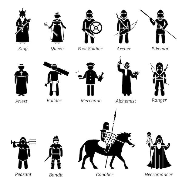 Alte alte mittelalterliche Zeiten Charaktere Klassen Krieger König Königin Bogenschütze Kaufmann Priester Instant Bandit Pferd Download Icons PNG SVG Vektor