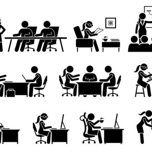 May include: Black and white stick figure illustrations depicting various office work scenarios, including presentations, meetings, and individual tasks.