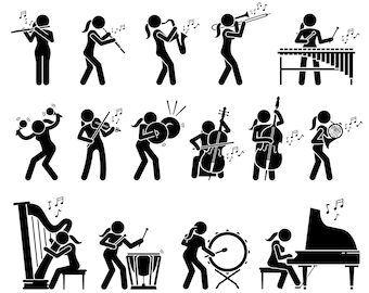 Female Musician Artist Playing Music Musical Instruments Percussion Tools Equipment Stick Figure Artwork Illustrations SVG PNG EPS Vector