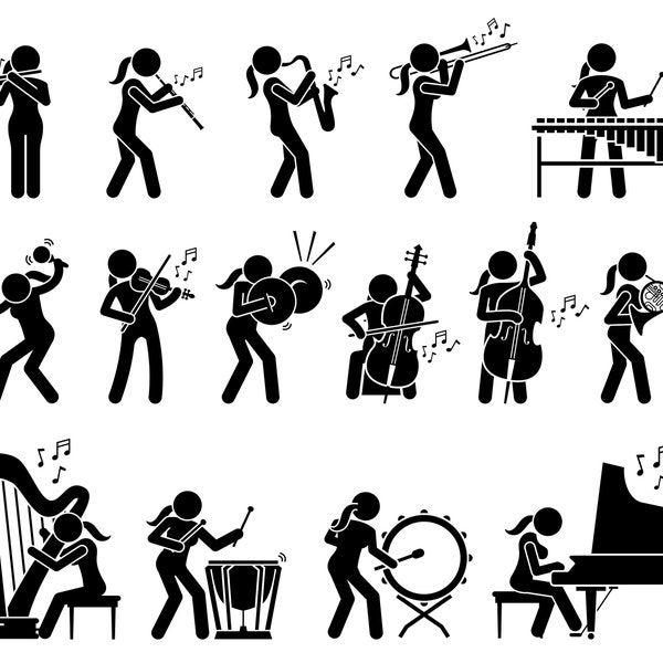 Female Musician Artist Playing Music Musical Instruments Percussion Tools Equipment Stick Figure Artwork Illustrations SVG PNG EPS Vector