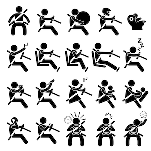 May include: Black and white stick figure illustrations depicting various ways to wear a seatbelt in a car.  The illustrations show different positions for the driver and passengers, including a child in a car seat.