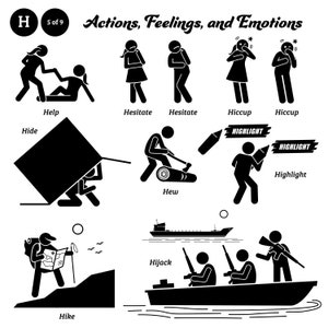May include: Black and white stick figure illustrations depicting various actions, feelings, and emotions.  The words "Help", "Hesitate", "Hiccup", "Hide", "Hike", "Hew", "Hijack", and "Highlight" are labeled below each illustration.