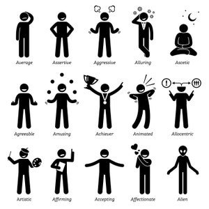 Peut inclure: Un ensemble de 15 illustrations de personnages en bâton représentant différents traits de personnalité, tels que moyen, affirmé, agressif, séduisant, ascétique, agréable, amusant, performant, animé, allocentrique, artistique, affirmant, acceptant, affectueux et extraterrestre.
