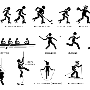 Może przedstawiać: Czarno-białe ilustracje postaci z patyków przedstawiające różne sporty, w tym jazdę na rolkach, hokej na rolkach, roller derby, roll ball, piłkę nożną na rolkach, wioślarstwo, rounders, bieganie, rugby, rugby fives, wspinaczkę po linie, skakanie na skakance, narciarstwo biegowe i roundnet. Tekst "SPORT R PART 4 of 4" znajduje się w górnej części obrazu.