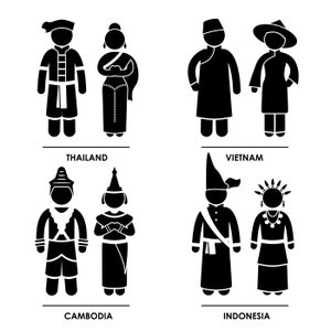 Southeast Asia Thailand Vietnam Cambodia Indonesia Man Woman National Traditional Costume Dress Clothing Stick Figure PNG SVG EPS Vector
