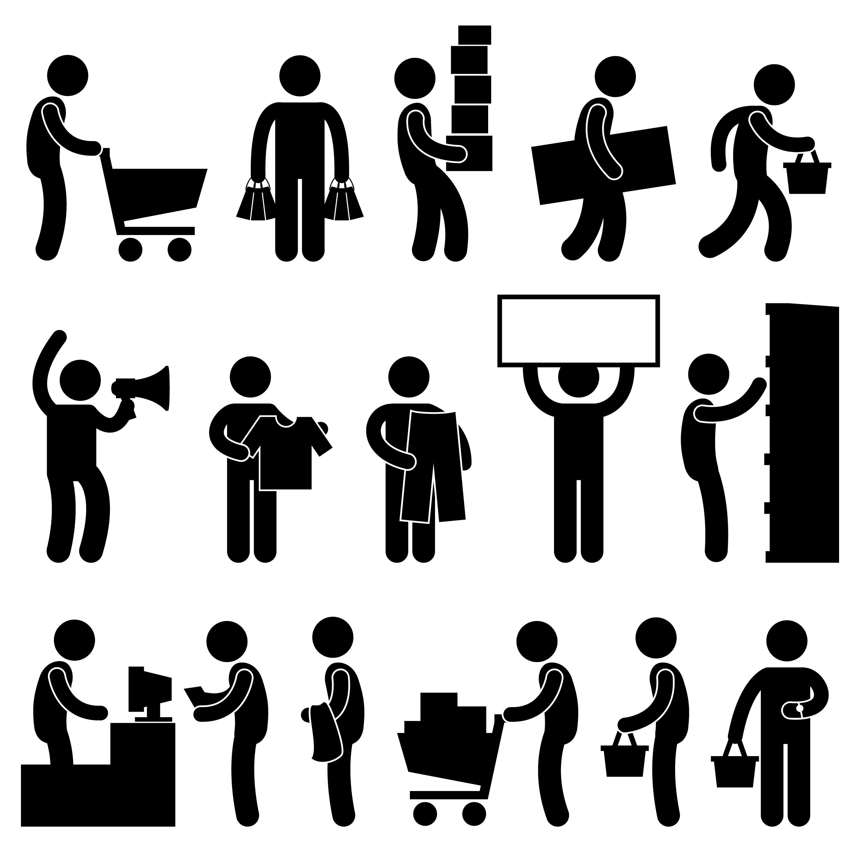 Shopper Shopping Buying Consumer Purchase Buy Queue Shopping Mall Supermarket Shopping Cart Paying Retail Market Stick Figure PNG SVG Vector
