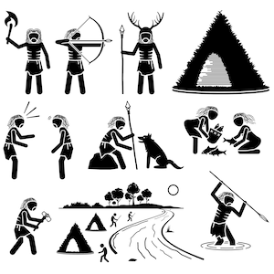 Puede incluir: Ilustraciones en blanco y negro de figuras de palo que representan varias escenas de la vida prehistórica. Las ilustraciones incluyen la caza, la pesca, la construcción de refugios y la domesticación de animales.