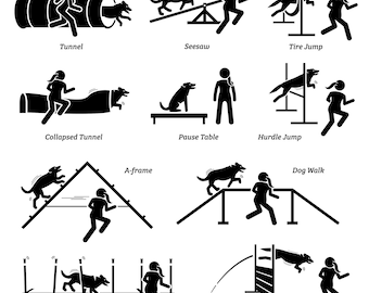 Dog Agility Agile Competition Obstacles Hurdles Course Event Race Tunnel Barrier Poles Handler Trainer Academy Stick Figure PNG SVG Vector