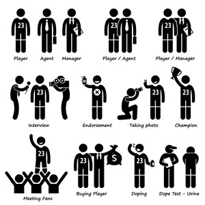 May include: Black and white stick figure illustrations depicting various aspects of a sports player's life, including playing, meeting fans, taking photos, and dealing with agents and managers.