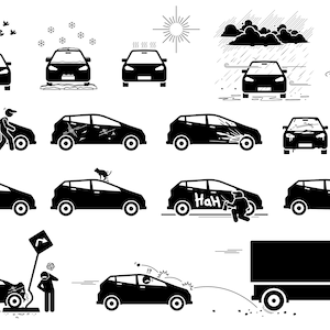 May include: A black and white illustration of various scenarios that can happen to a car, including bird droppings, snow, rain, flooding, scratches, a dog jumping on the roof, graffiti, a flat tire, and a truck splashing water on the car.