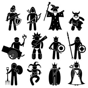 Antike mittelalterliche Fantasy Krieger Ritter Bogenschütze Zauberer Zwerg Katapult barbarischen Elite Soldier Bauern Narren König Königin Symbole PNG SVG Vektor