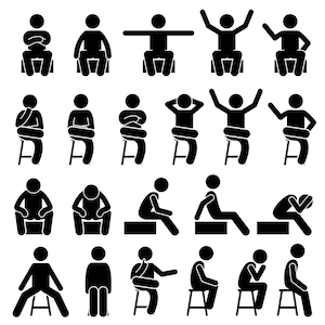 May include: A set of 20 black and white stick figure illustrations depicting various sitting positions. The figures are sitting on chairs, stools, and benches. Some figures are sitting with their arms crossed, while others are sitting with their legs crossed. Some figures are sitting with their hands on their hips, while others are sitting with their hands on their knees.