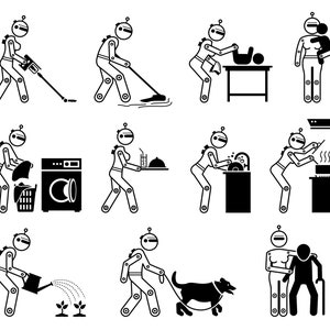 May include: Black and white line art illustrations of robots performing various household tasks, including vacuuming, washing dishes, cooking, caring for a baby, walking a dog, and helping an elderly person.